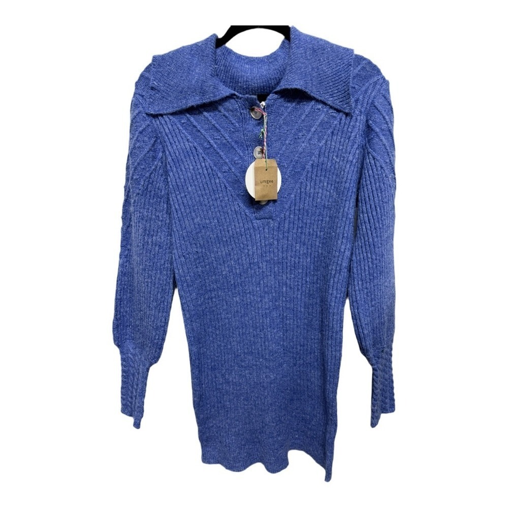 Anthropologie Umgee Balloon Sleeve Blue Knit Sweater Long Tunic Medium NWT